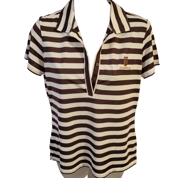 EP Pro Tour Tech Stonebriar Golf Shortsleeve Striped Brown & White  sz S - Picture 1 of 6
